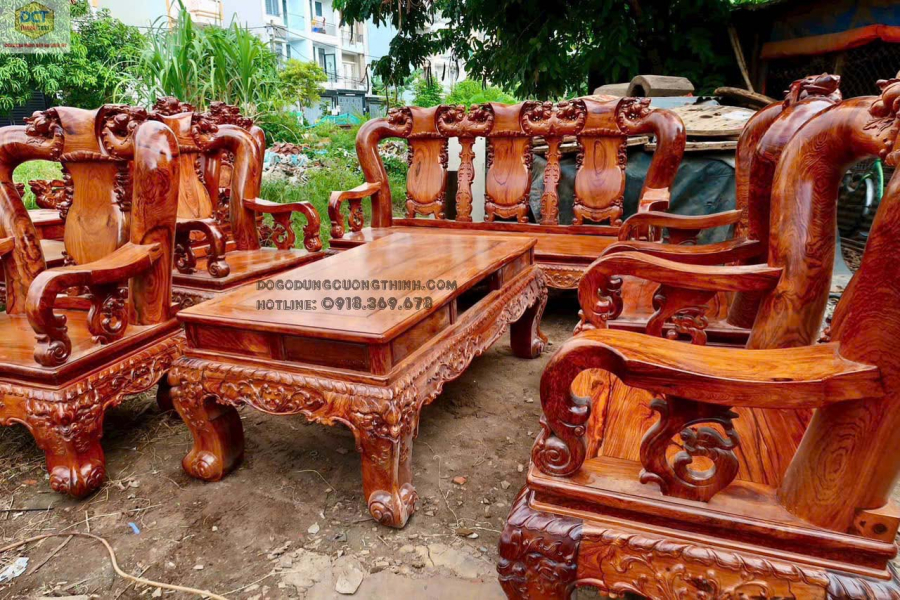 Bộ salon cột 14 chạm đào gỗ cẩm lai PD148CM